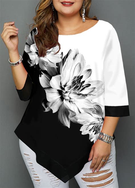 Rotita Plus Size Floral Print Asymmetric Hem T Shirt Usd