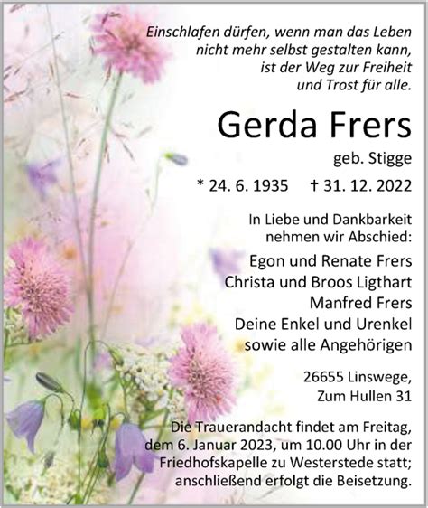 Traueranzeigen Von Gerda Frers Nordwest Trauer De