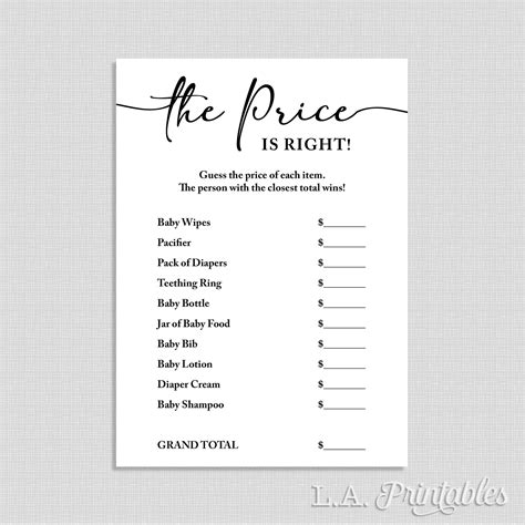 The Price Is Right Baby Shower Game Minimalist Black And White Etsy