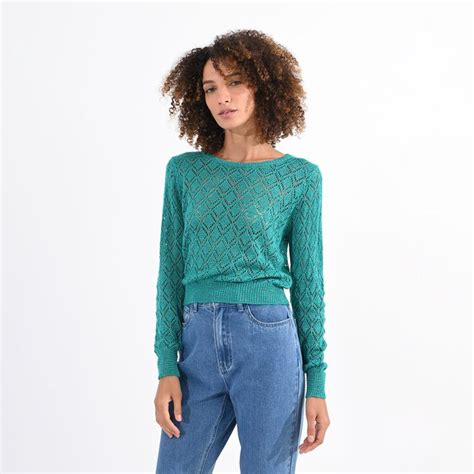 Pull col rond maille ajourée vert émeraude Molly Bracken La Redoute