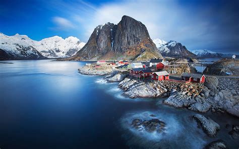 Lofoten Norway Nature Landscape Snowy Mountains Rocky Peaks Sea Bay