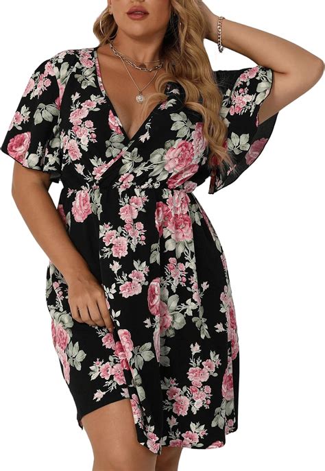 Oyoangle Women S Plus Size Boho Floral Print High Waist V Neck Flared A