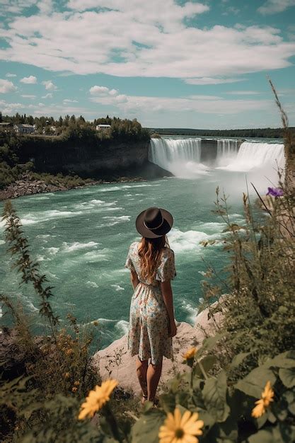 Premium Ai Image A Woman Stands On A Cliff Overlooking A Waterfall