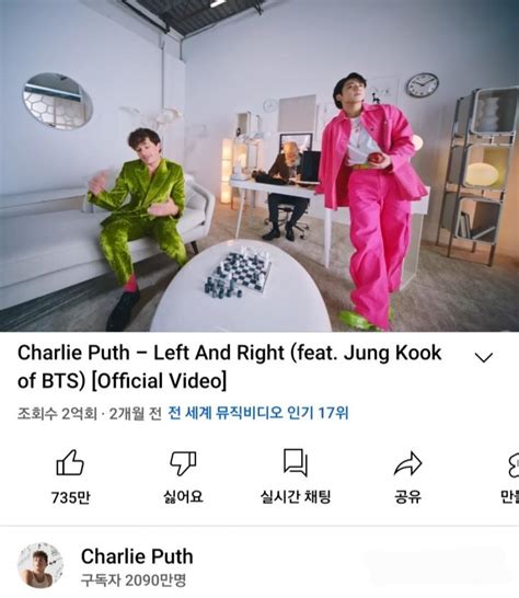 방탄소년단 정국x찰리 푸스 Left And Right 뮤직비디오 유튜브 조회수 2억 돌파인기 고공행진ing 황선용