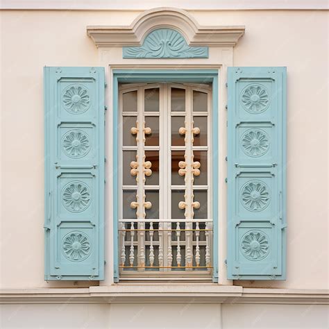 Premium Photo | Wooden window shutters on a background of a wall painted in pastel colors Pale ...