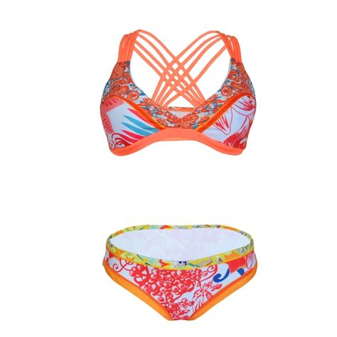 Orange Bikini Women New Multi Ropes Floral Print Bikini Sets Bra Padded