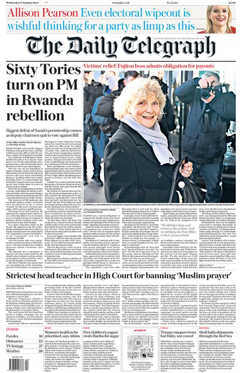 Newspaper Headlines 60 Tories Turn On Pm And Fujitsu Will Pay Up