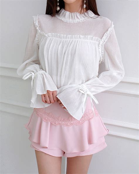 Kfashion And Kpop • Ruffled Lace Panel Blouse