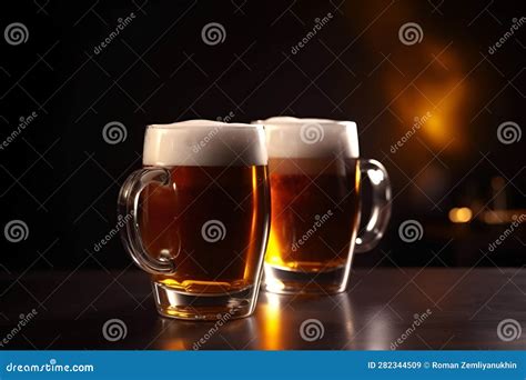 Two Glasses Of Beer With Foam On A Dark Background Generative Ai