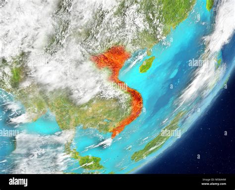 Satellite View Of Vietnam Highlighted In Red On Planet Earth With