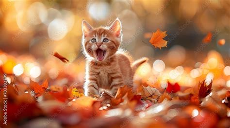 A Kitten Yawns With Its Mouth Open And Tongue Out In A Field Of Leaves