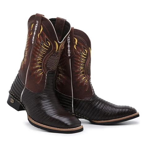 Bota Masculina Texana Tatu Cafe Couro Peão Country Rodeio Cano Alto