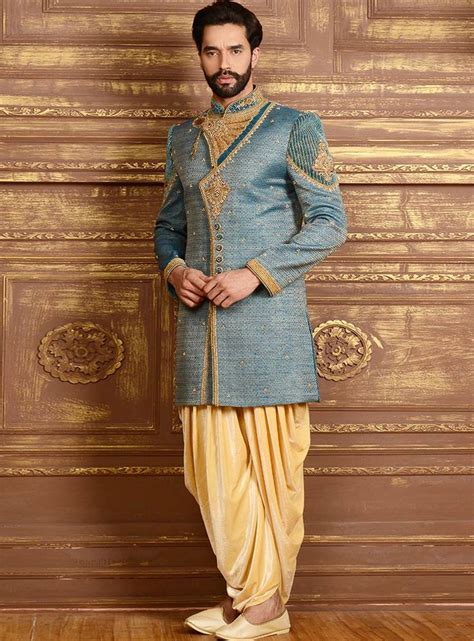 Blue Banarasi Silk Angrakha Style Sherwani 80900 Sherwani Mens