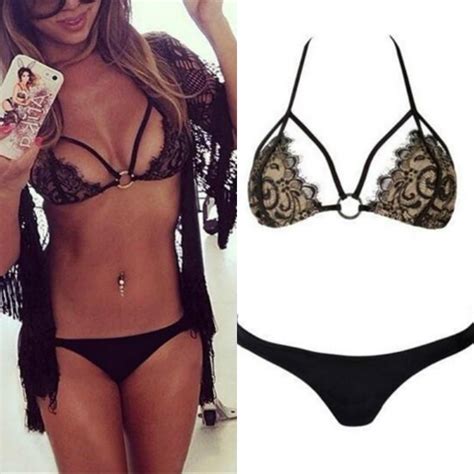 Sexy Halter Black Lace Bikini Push Up Micro Bikinis Swimsuit