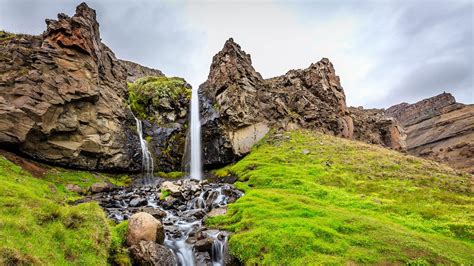 Wallpaper waterfall, rocks, landscape, grass hd, picture, image