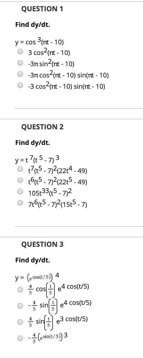 Solved Question Find Dy Dt Y Cos Nt O Cos Chegg