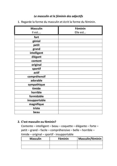 Les Adjectifs Masculin Femin Worksheet Learn French Teaching French French Language Lessons