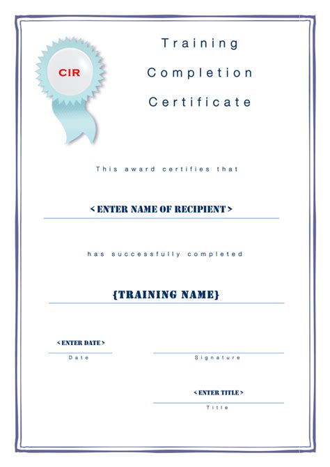 Training completion certificate template in Word and Pdf formats