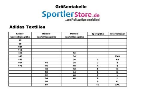 Größentabelle Adidas Textilien SportlerStore