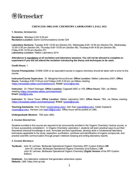 Ochem Lab I Syllabus Fall Chem Organic Chemistry Laboratory