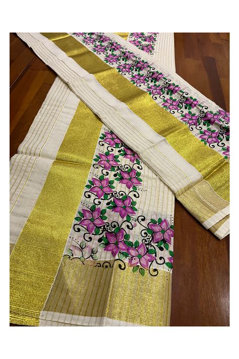 Kerala Cotton Set Mundu Mundum Neriyathum With Kasavu Lines Design O