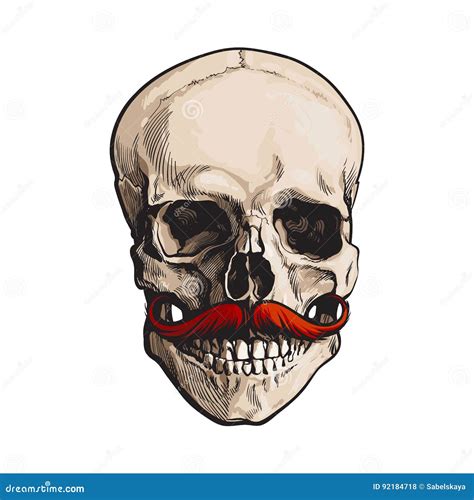 Hand Drawn Human Skull With Curled Upward Hipster Red Moustache Stock