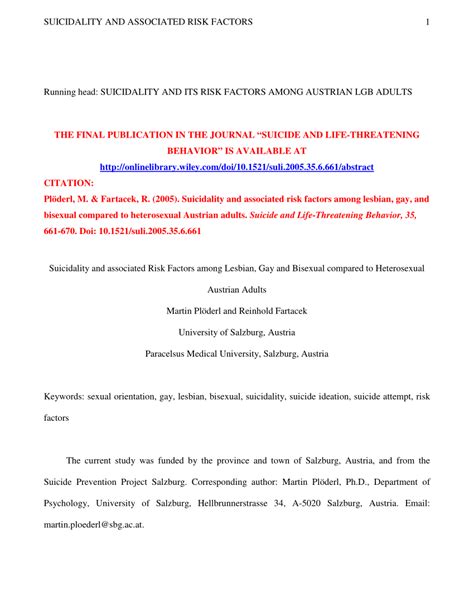PDF Suicidality And Associated Risk Factors Among Lesbian Gay And