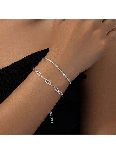 Conjunto De 2 Pulseiras De Corrente Fina De Prata Para Mulheres Design