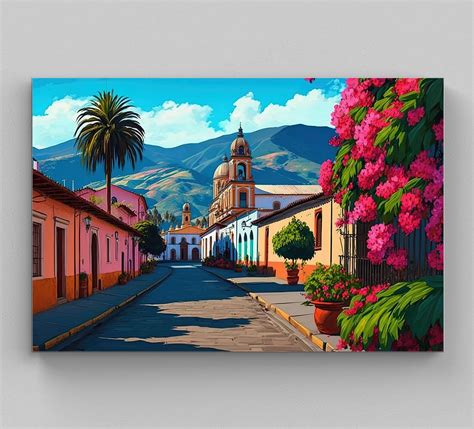 Mexican Landscape Painting, Mexican Village, Mexican Poster, Mexican Wall Art Decor, Floral Wall ...