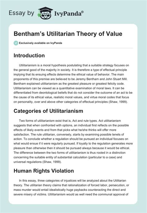 Benthams Utilitarian Theory Of Value 631 Words Essay Example