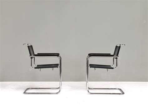 Thonet S34 Cantilever Chairs By Mart Stam In Black Leather And Chrome