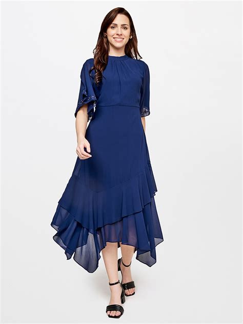 Buy And Women Blue A Line Midi Dress Dresses For Women 20260786 Myntra