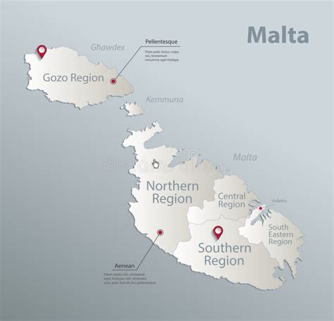 Malta Regions Map with Names, Blue White Card Paper 3D Stock Vector ...