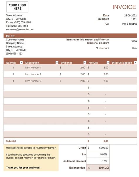 Sales Invoice Template In Excel Downloadxlsx