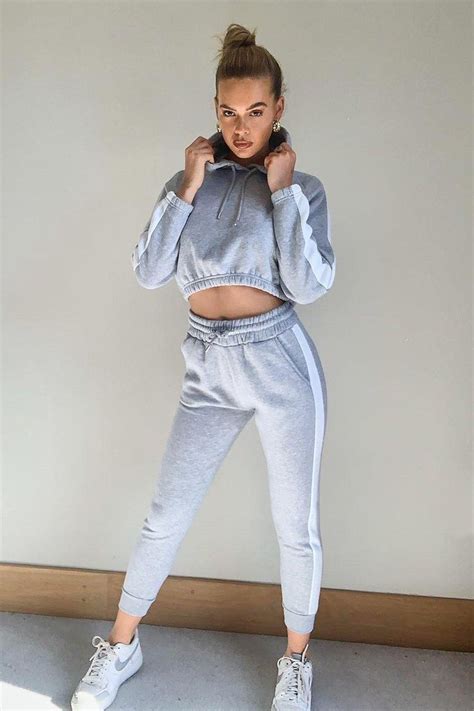 Womens Contrast Panelled Crop Hooded Tracksuit Grey 10 Tennis