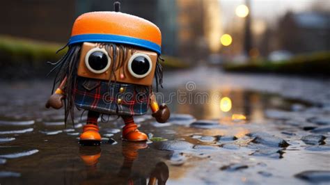 Iconic Pop Culture Caricature Toy Walking In The Rain Stock