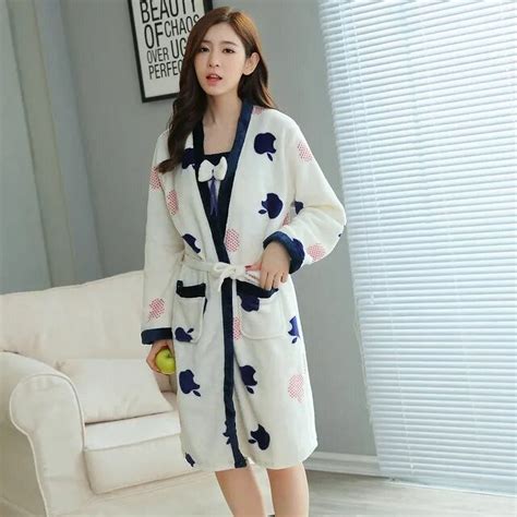 Kukuzhu Winter 2pcs Sexy Thick Warm Flannel Nightgowns Robes Set For