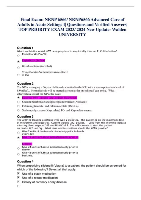 Final Exam NRNP 6566 NRNP6566 Advanced Care Of Adults In Acute