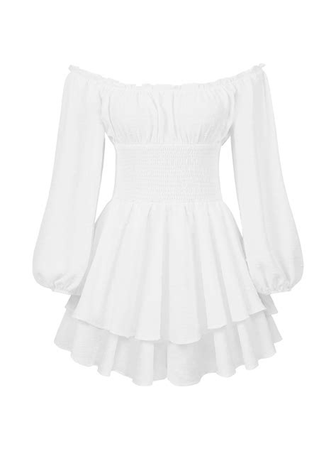 Wassery Women Ruched Ruffle Mini Dress Built In Shorts Off Shoulder Puff Long Sleeve Pleated