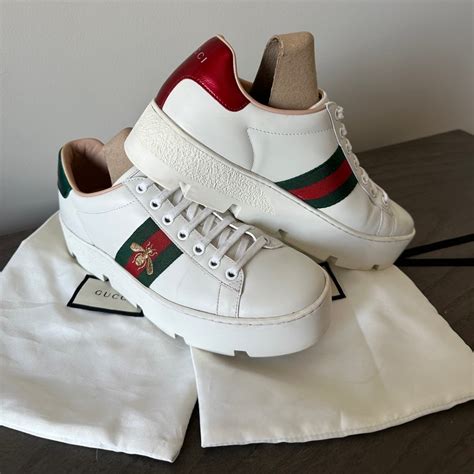 Gucci Womens Ace Embroidered White Platform Sneakers Gem