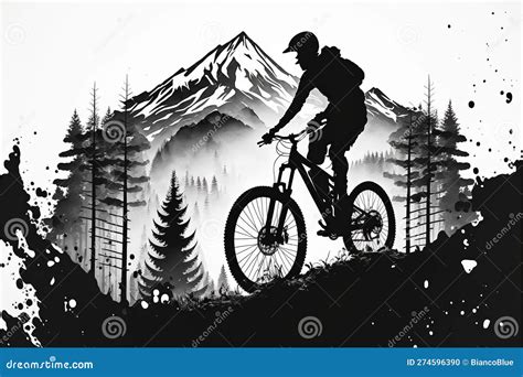 Black And White Mountain Biker With Double Exposure Mountain Landscape