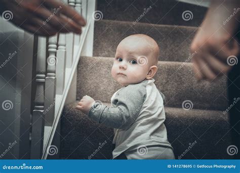 Toddler Boy Crawling On Wooden Stairs Stock Image Image Of Danger