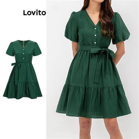 Lovito Casual Plain Button Front Belted Puff Sleeve Dress For Women