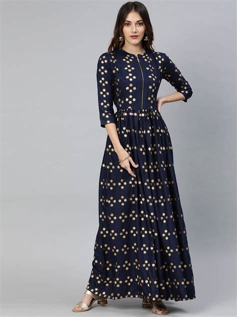 Navy Blue Printed Viscose Rayon Long Dresses Swishchick 3374123