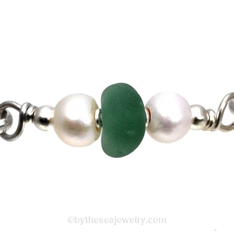 Perfect Aqua Green Seaham Sea Glass Bangle Bracelet In Solid Sterling With Pearls