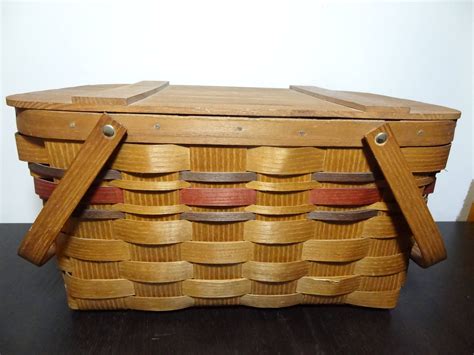 Vintage Handwoven Basketville Picnic Basket With Stripes And Swing