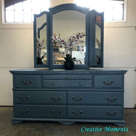 Old Thrift Store Dresser Makeover Ideas Trifold Mirror Blue