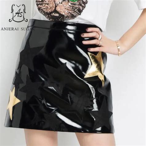 Autumn Winter Genuine Leather Skirts Women Black High Waist Star