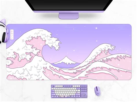 Kawaii Wave Desk Mat Xl Pastel Mousepad Cute Pink Lilac Purple Great