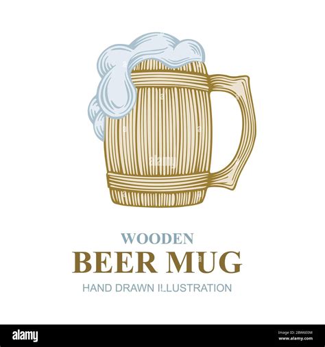 Wooden beer mug with foam hand drawn vector illustration. Craft beer vintage style logo design ...